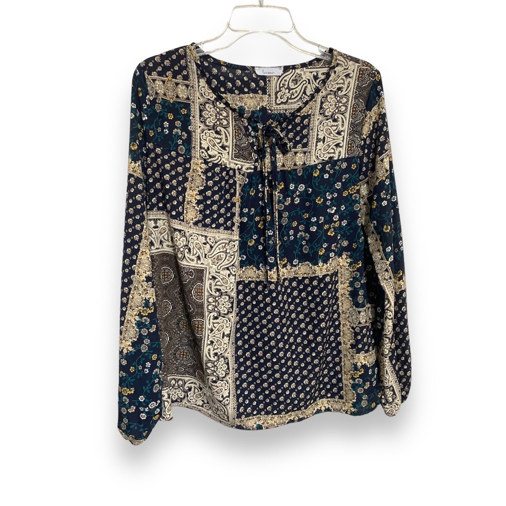 LES AMIS Women’s Floral Patchwork Tie-Neck Ballon Long Sleeves Blouse Top Size L